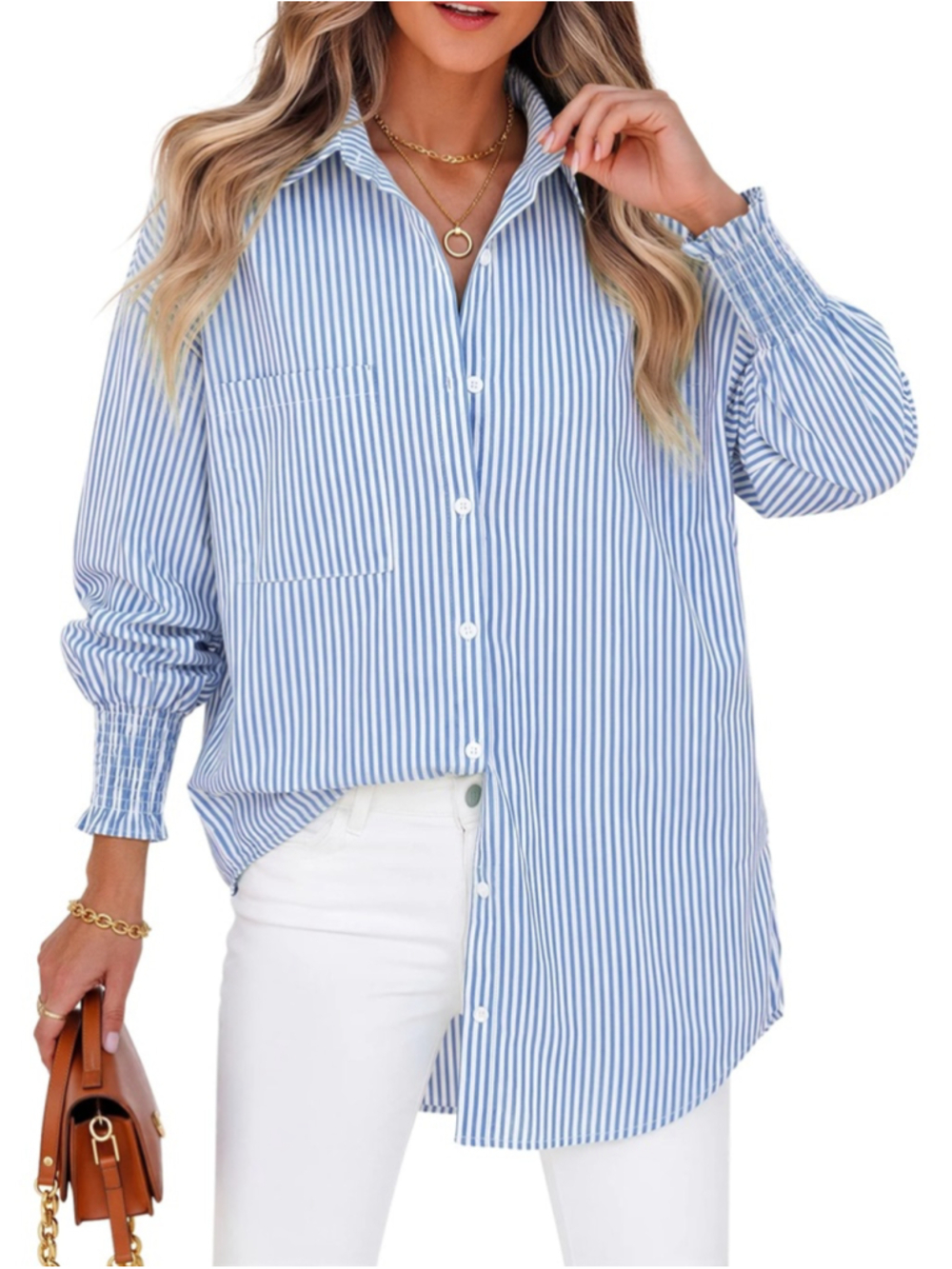 Fantaslook Blue White Striped Button Down Shirt Size L (22” PTP)